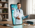 Läkare som kommer ut ur en smartphone