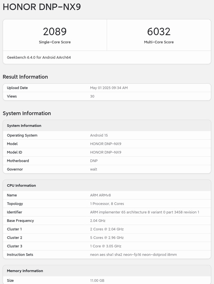 "Honor 400 Pro" på Geekbench.  (Källa: Geekbench via Digital Chat Station)