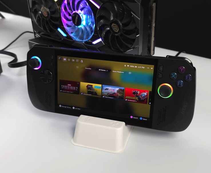 Asus ROG Ally X-handdator ansluten till en AMD Radeon RX 9070 XT i en extern Oculink eGPU-docka, som visar spel som Spider-Man 2, Cyberpunk 2077, Forza Horizon 5 och Borderlands 4 på skärmen (Bildkälla: ETA PRIME via YouTube)