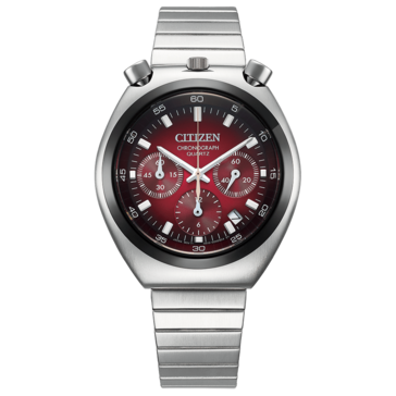 Vy framifrån av Citizen Tsuno Chronograph AN3714-84Z, med en röd urtavla med färggradient,