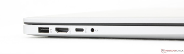 Vänster: USB-A (5 Gbps), HDMI 1.4b, USB-C (10 Gbps) med DisplayPort 1.4 + Power Delivery 3.1, 3,5 mm headset