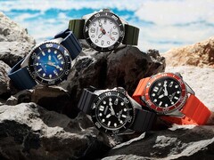 Fyra Citizen Promaster Marine-dykarklockor i färgvarianterna vitt, svart, blått och orange, utställda på stenar vid havet.