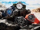 Fyra Citizen Promaster Marine-dykarklockor i färgvarianterna vitt, svart, blått och orange, utställda på stenar vid havet.
