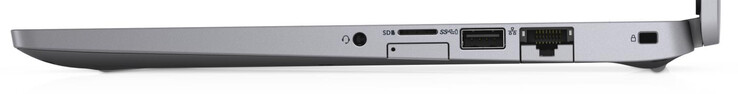 Höger: Kombinerad ljudanslutning, SIM-kortplats, Minneskortsläsare (MicroSD), USB 3.2 Gen 1 (Typ A), Gigabit Ethernet, Plats för kabellås