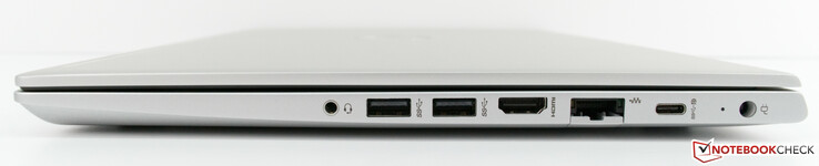 Vänster: Kombinerat ljud, 2x USB 3 Typ A, HDMI 1.4b, RJ-45, USB 3.1 Typ C Gen1 med strömförsörjning och DisplayPort, AC-adapter