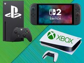 Xbox-, PS5- och Switch 2-konsoler visas med logotyper (Bildkälla: Xbox Gaming, Sony PlayStation, Nintendo of America med redigeringar)