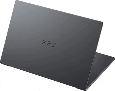 Dell XPS 16 visad bakifrån med sin mörka finish och XPS-logotyp
