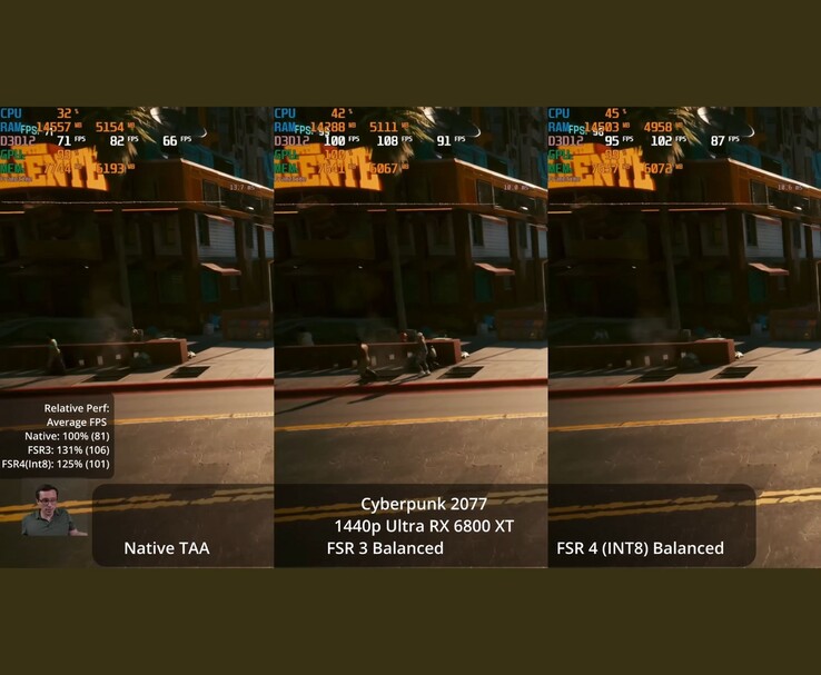 Sida-vid-sida-jämförelse av Cyberpunk 2077 som körs i 1440p Ultra på en RX 6800 XT, med Native TAA, FSR 3 Balanced och FSR 4 Balanced. (Bildkälla: Daniel Own via YouTube)