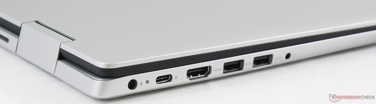 Vänster: AC-adapter, USB Typ C Gen. 1 (w/ DisplayPort och Power Delivery), HDMI 1.4b, 2x USB 3.1 Gen. 1, 3.5 mm kombinerad ljudanslutning
