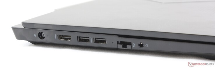 Vänster: AC-adapter, HDMI 2.0, 2x USB 3.1 Typ-A, Gigabit RJ-45, 3.5 mm kombinerad ljudanslutning