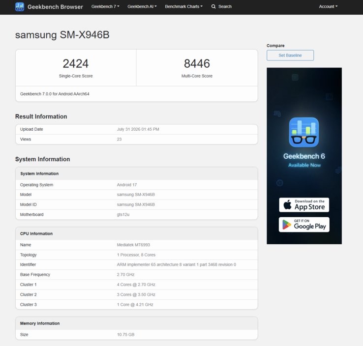 MediaTek Dimensity 9500 uppnår 2 424 poäng i enkelkärniga tester och 8 446 poäng i flerkärniga tester, med 12 GB RAM i den testade enheten.