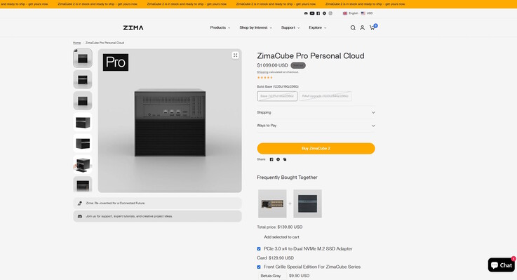 På den officiella webbplatsen är ZimaCube Pro slutsåld och kostar normalt 1 099 USD med 16 GB RAM