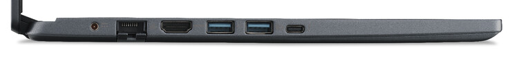 Vänster sida: Strömförsörjning, Gigabit Ethernet, HDMI, 2x USB 3.2 Gen 1 (Typ-A), Thunderbolt 4 (Typ-C; Power Delivery, DisplayPort)