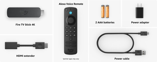 Alla tre streamingsticks levereras med en HDMI-förlängare, nätadapter och batterier för fjärrkontrollen. (Bildkälla: Amazon)