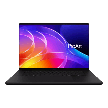 Asus ProArt P16 visad framifrån med skärmen och tangentbordet synliga