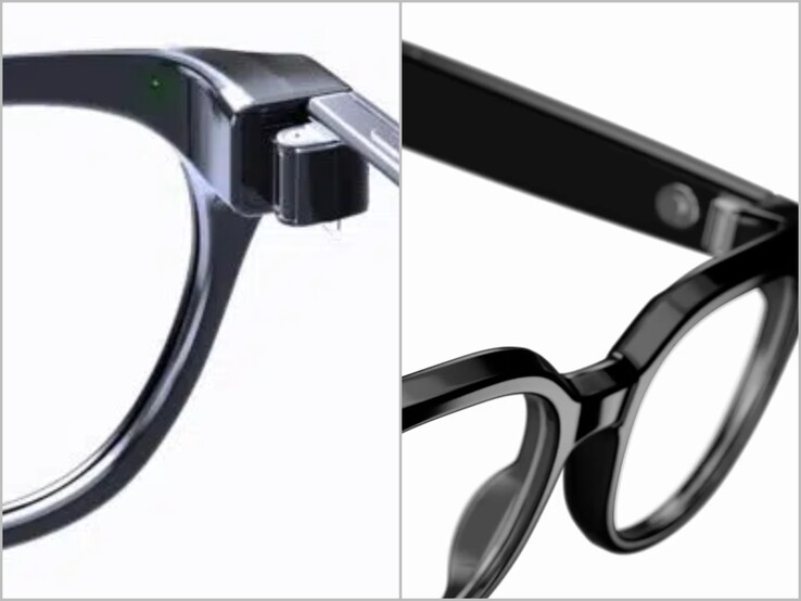 LED-indikator på insidan av bågen (till vänster) och närbild av Warby Parker-glasögonen ” Galaxy ”.