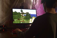 Bilden visar en person som spelar Minecraft på en dator.