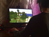 Bilden visar en person som spelar Minecraft på en dator. 