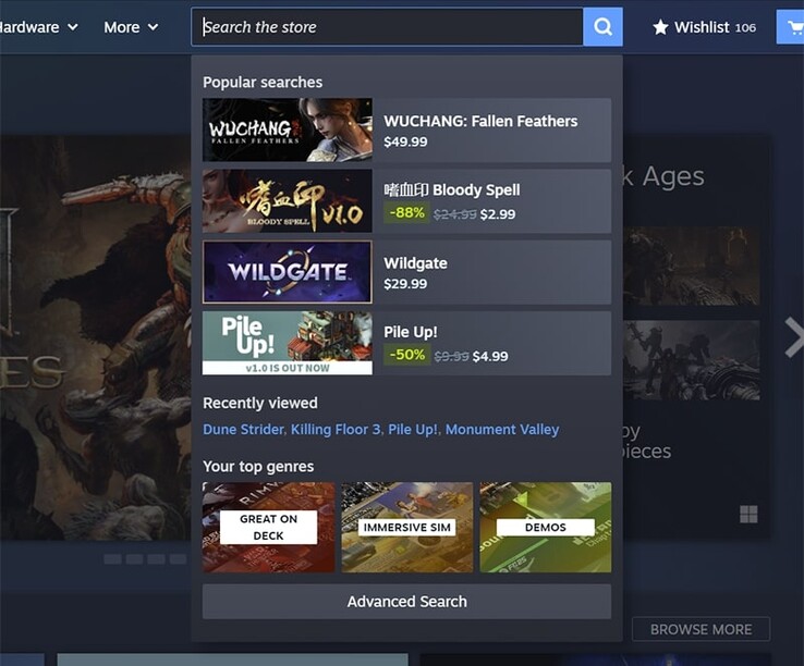 Den nya sökfunktionen visar nu även populära sökfrågor från andra användare. (Bildkälla: Steam)