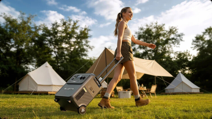 Teleskophandtaget och hjulen gör det enkelt att transportera Bluetti Elite 400.