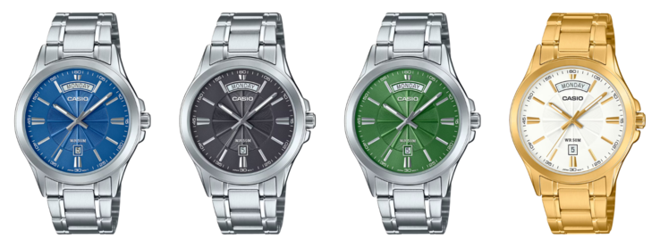 Från vänster till höger: Casio MTP-1381D-2AV, MTP-1381D-3AV, MTP-1381D-8AV och MTP-1381GD-7AV. (Bildkälla: Casio)