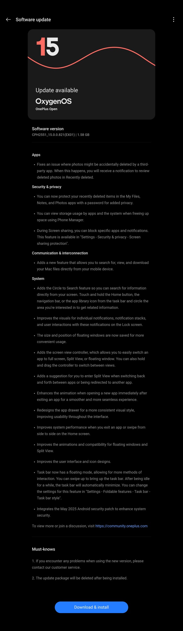 Den fullständiga OxygenOS 15.0.0.821 changelog. (Källa: OnePlus)
