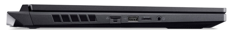Vänster sida: Gigabit Ethernet, USB 2.0 (USB-A), minneskortsläsare (MicroSD), ljudkombination