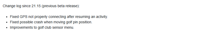 Release Notes för betaversionen 21.15 av uppdateringen för Garmin Fenix 7 smartwatch. (Bildkälla: Garmin)