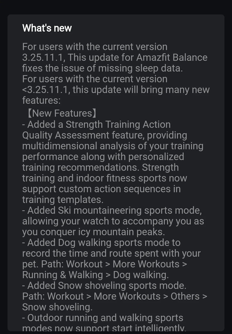 Ändringsloggen för programvaruversion 3.25.12.3 för Amazfit Balance smartwatch. (Bildkälla: u/SabretoothPenguin via Reddit)