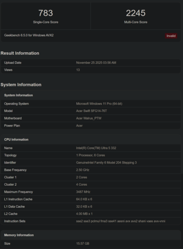 Intel Core Ultra 5 332 Geekbench-lista (bildkälla: Geekbench)