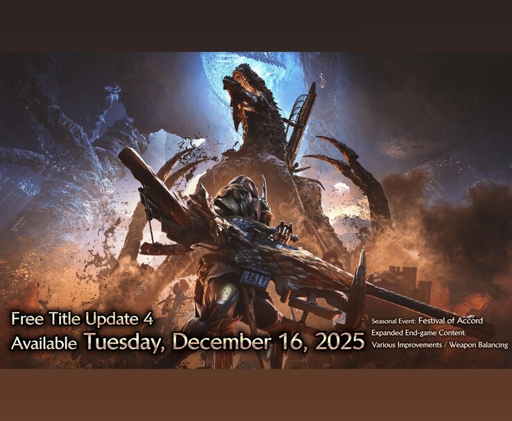 Reklamgrafik för Monster Hunter Wilds som lyfter fram Free Title Update 4 som släpps den 16 december 2025, med evenemanget Festival of Accord och andra uppdateringar (Bildkälla: Capcom)