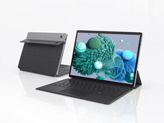 S13 Neo finns för närvarande att köpa för 576 dollar på AliExpress. Bild: en reklambild som visar fram- och baksidan av den konvertibla datorn med det magnetiska tangentbordet anslutet.