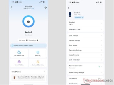 Tapo-appens startsida och inställningar för smartlås.