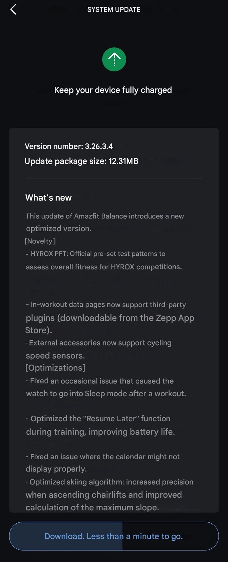 Släppanteckningarna för version 3.26.3.4 för Amazfit Balance smartwatch. (Bildkälla: u/SensitiveClock3479 via Reddit, maskinöversatt)