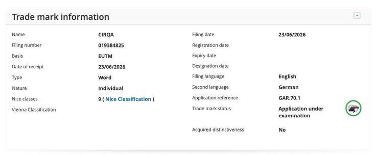 Garmin CIRQA, patent nr 019384825 hos Europeiska byrån för immateriella rättigheter (EUIPO)