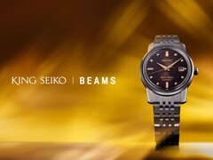King Seiko x Beams SDKA025-klockan, avbildad mot en stiliserad gul-orange bakgrund. (Bildkälla: PR Times JP)