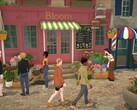 Parafolk utforskar ett stadstorg i Paralives Early Access-byggnad.