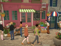 Parafolk utforskar ett stadstorg i Paralives Early Access-byggnad.