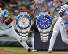 På bilden - Seiko Prospex SBDC222 och SBDC224 ställda mot två foton av Shohei Ohtani.