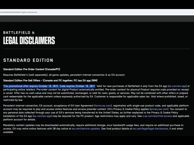 Battlefield 6 Standard Edition juridisk ansvarsfriskrivningssida som visar slutdatum för förbeställningskampanj. (Bildkälla: Eurogamer)