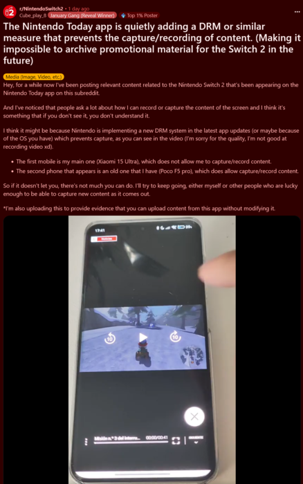 Nintendo Today! app DRM-begränsningar (Bildkälla: skärmdump, Nintendo Switch 2 subreddit)