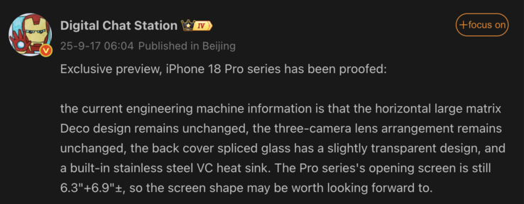 Läckta detaljer om iPhone 18 Pro. (Bildkälla: Weibo - maskinöversatt)