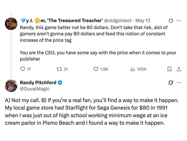 Randy Pitchfords svar på ett fans kommentar om priset för Borderlands 4. (Bildkälla: Randy Pitchford on X)