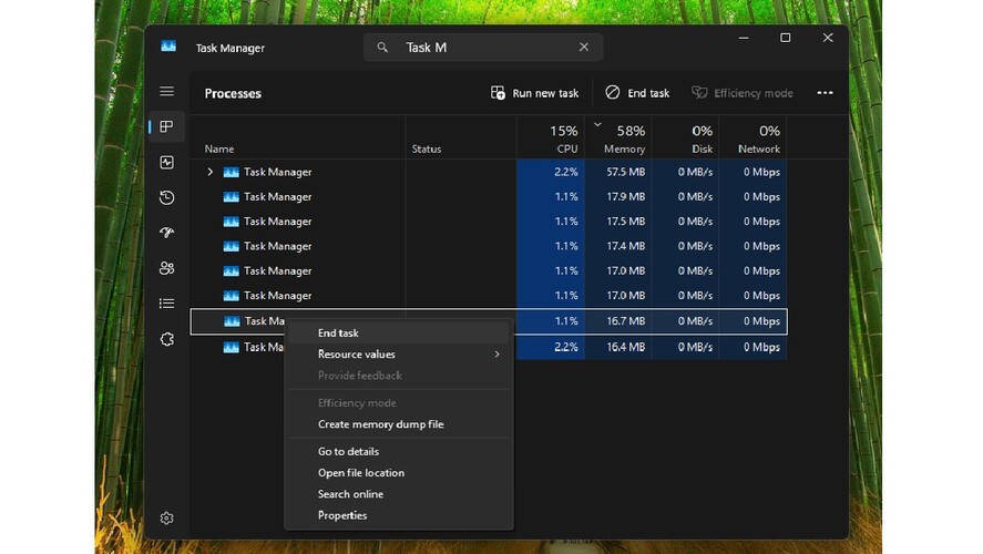 En skärmdump av Windows 11 Task Manager med flera instanser som körs i bakgrunden. (Bildkälla: Screen Grab)