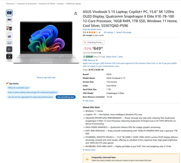 Asus Vivovook S 15 Amazon-lista med samma varning (bildkälla: Amazon)