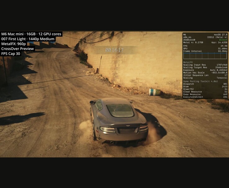 007 First Light körs med 30 FPS på en Mac mini med 16 GB M6 via CrossOver i 1440p med medelhöga inställningar.