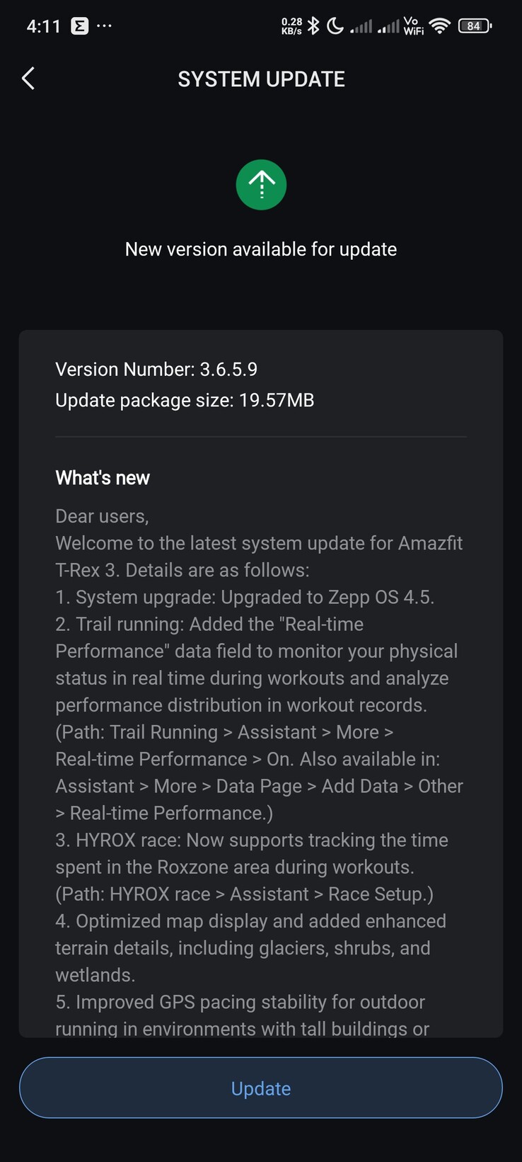 Releaseanteckningarna för version 3.6.5.9-uppdateringen för Amazfit T-Rex 3 smartwatch. (Bildkälla: Facebook)