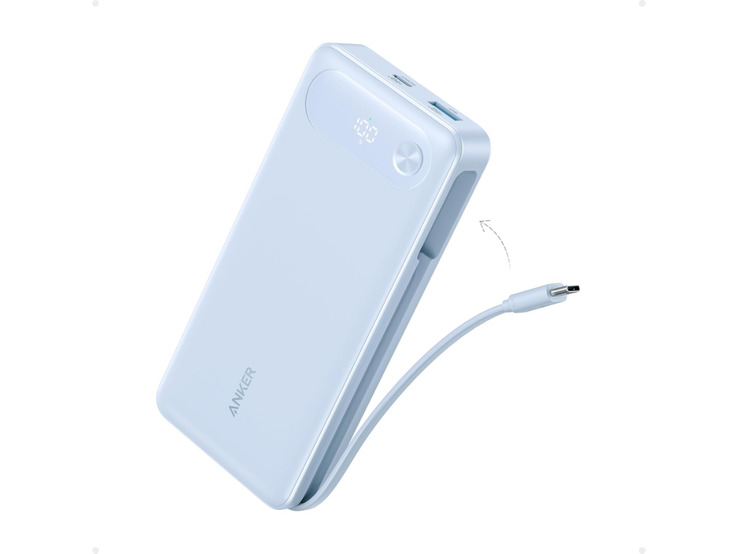 Anker Power Bank (20K, 87W, inbyggd USB-C-kabel) i Misty Blue