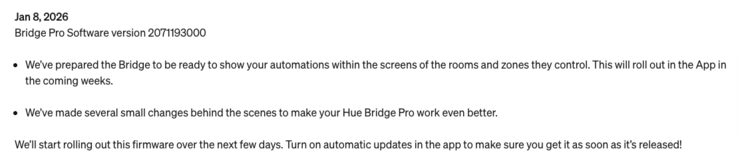 Ändringsloggen för den senaste programuppdateringen för Philips Hue Bridge-enheter. (Bildkälla: Philips Hue)