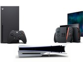Xbox Series X, Sony PS5 Slim Disc Edition och Nintendo Switch 2 på bilden